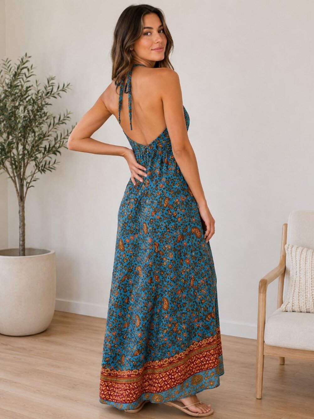 Boho Halter Maxi Dress in Teal with Rust Paisley